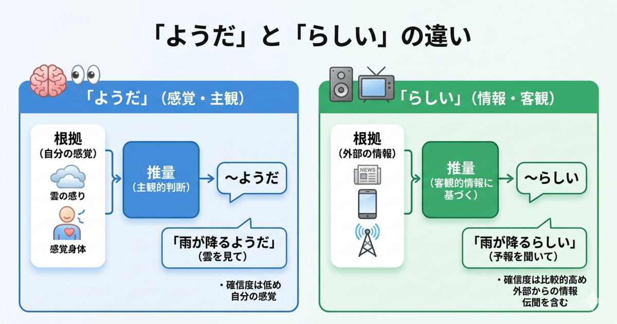 「ようだ」と「らしい」の違いは？見て感じるのか、聞いて判断するのかを整理