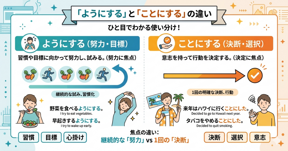 「ようにする」と「ことにする」の違いは？努力と決定のニュアンスを例文で解説